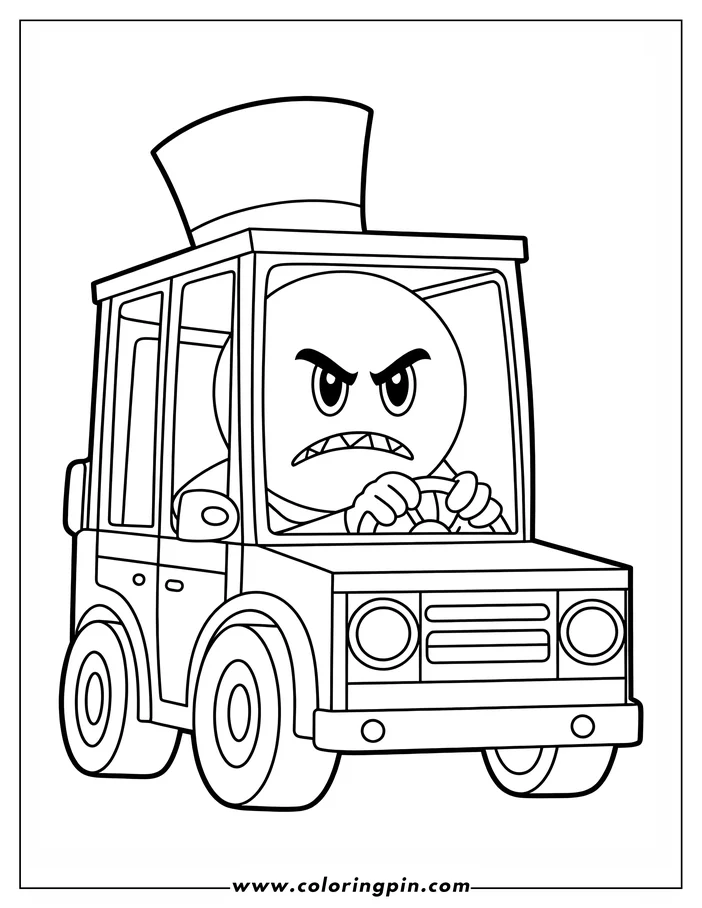 Line art of a cartoon person with an angry expression driving a car with a spare tire on top.