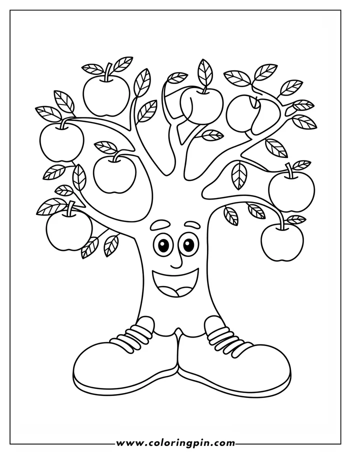 Outline of a whimsical apple tree with a smiling face, wearing shoes.  The tree's branches are laden with apples.