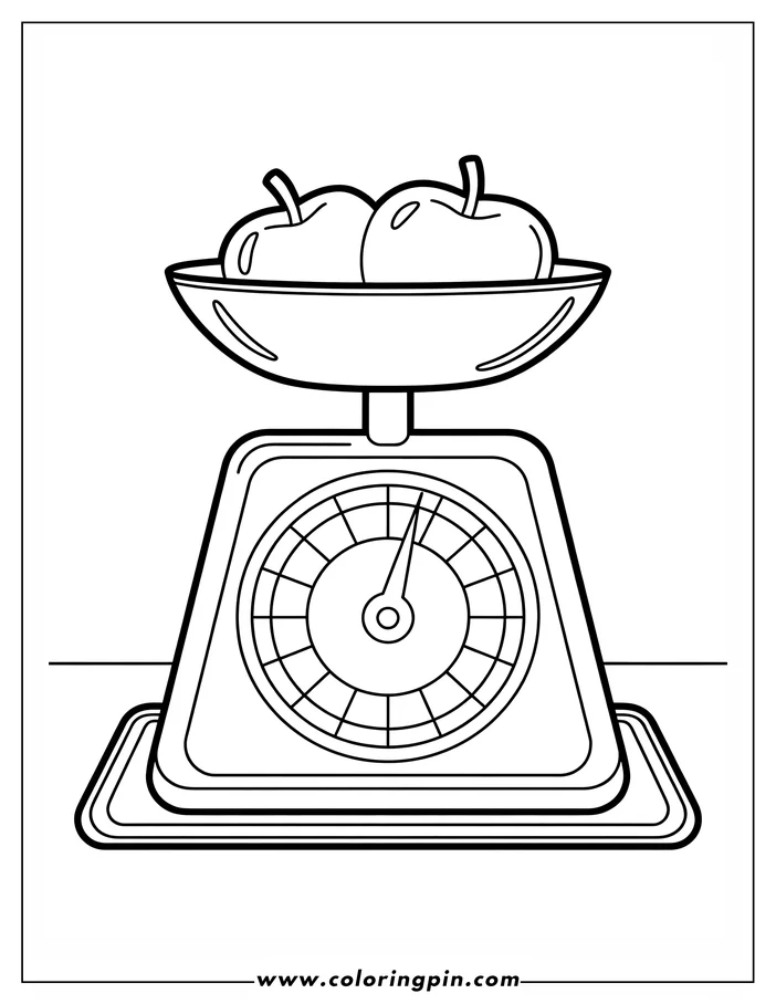 Line art of two apples sitting in a bowl on top of a kitchen scale.