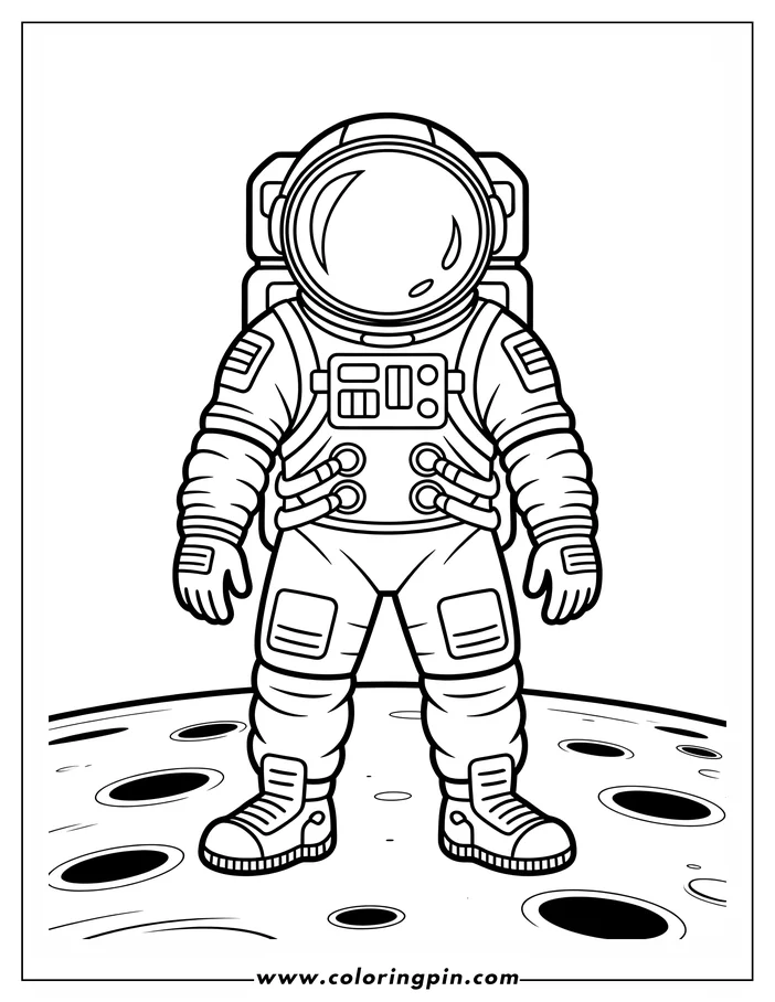 Outline of an astronaut standing on the moon. The astronaut is wearing a spacesuit and helmet, and the moon's surface is visible with craters.