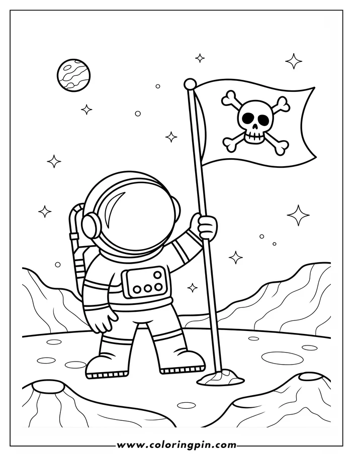 Outline of an astronaut planting a pirate flag on the moon. A planet is visible in the background.