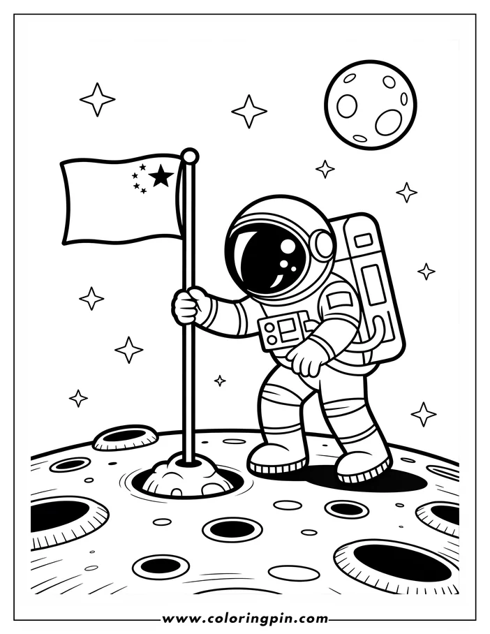 Line art of an astronaut planting a flag on the moon's surface.  The cratered moonscape is visible in the background.