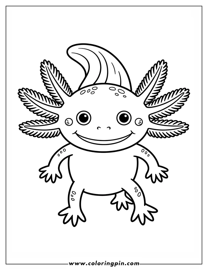 Cartoon axolotl with feathery gills and a cheerful smile.