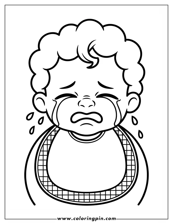 Line art of a crying baby wearing a bib.