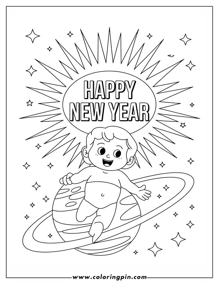 Outline of Baby New Year sitting on a planet with rings, surrounded by stars and a 'Happy New Year' message.