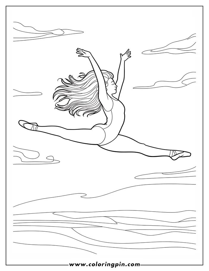 Line art of a ballerina mid-leap with arms outstretched, wearing a leotard and ballet shoes. Her hair flows behind her against a backdrop of clouds.