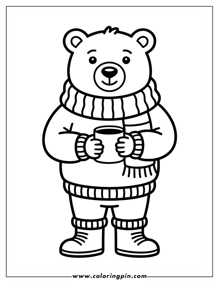 Outline of a bear wearing winter clothes and holding a mug
