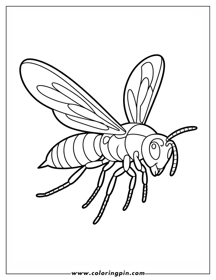 Line art of a bee in flight with its wings spread and legs extended.