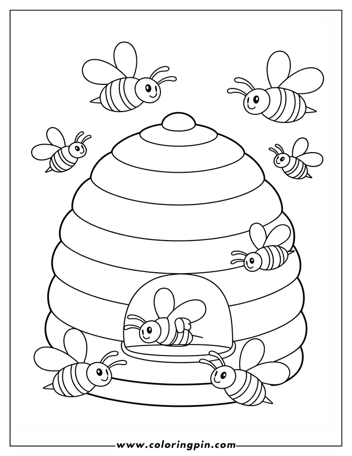 Outline of several bees flying around a beehive with one bee visible inside.
