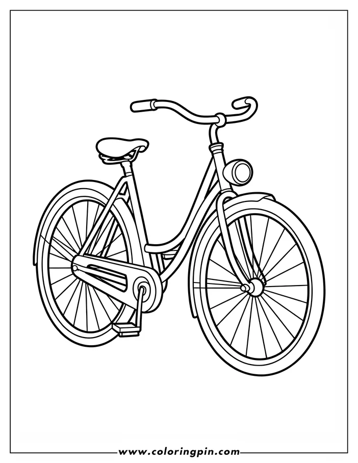 Outline of a classic bicycle with a headlight, seat, pedals, and two spoked wheels.