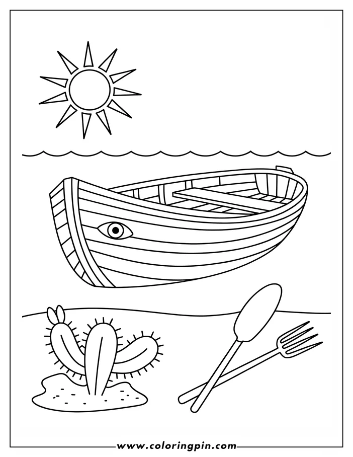 Outline of a simple wooden boat with a large eye, floating on water. A cactus grows on the sand nearby, and an oar and pitchfork are crossed in front.