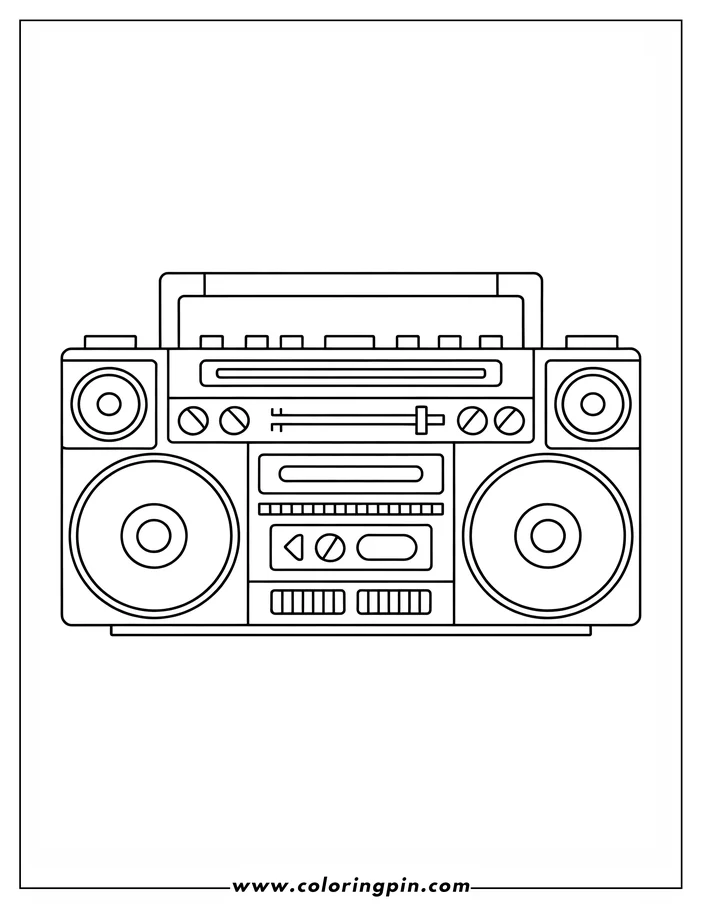 Line art of a boombox stereo with two speakers, knobs, buttons and a cassette player.