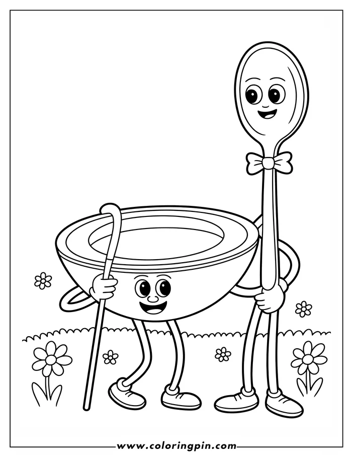 Line art of a bowl with a cane and a spoon with a bow tie, both with smiling faces, walking in a garden with daisies.