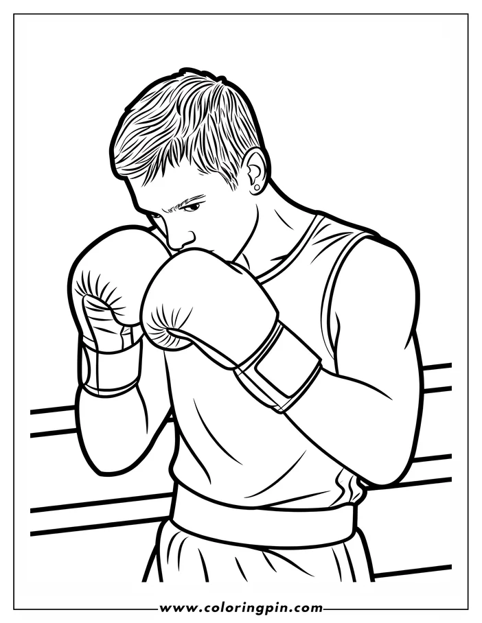 Line art of a boxer in the ring, gloves up in a defensive stance.
