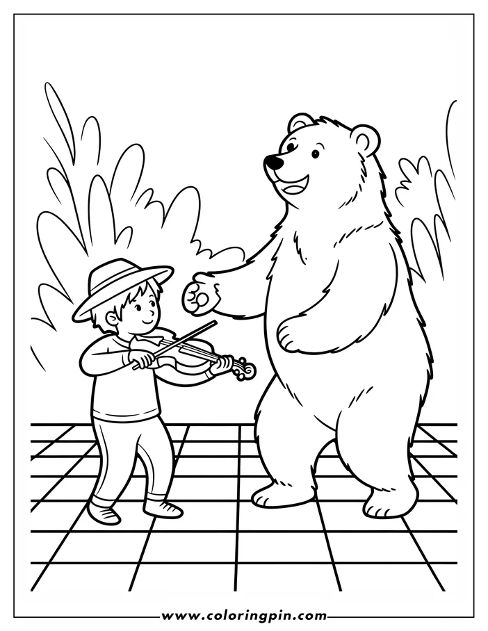Line art of a boy playing a violin for a dancing bear.  They stand on a checkered floor, with some foliage in the background.