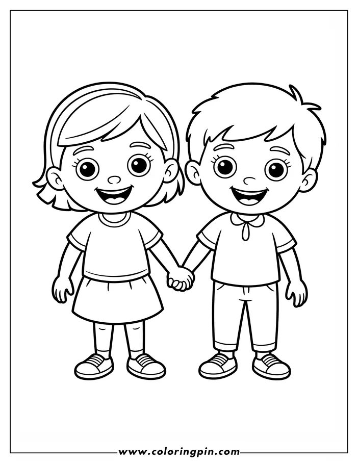 Line art of a boy and girl holding hands, smiling happily