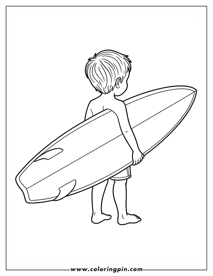 Outline of a boy viewed from the back, holding his surfboard, ready for the beach.