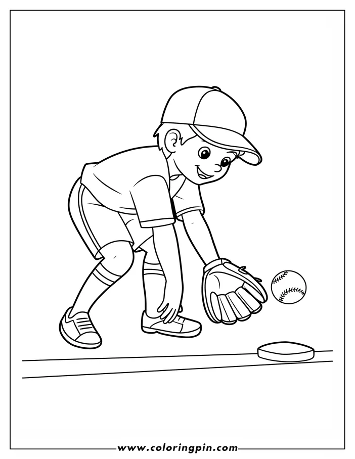 Line art of a boy in baseball uniform, wearing a baseball glove and about to catch a baseball. A baseball base is visible.