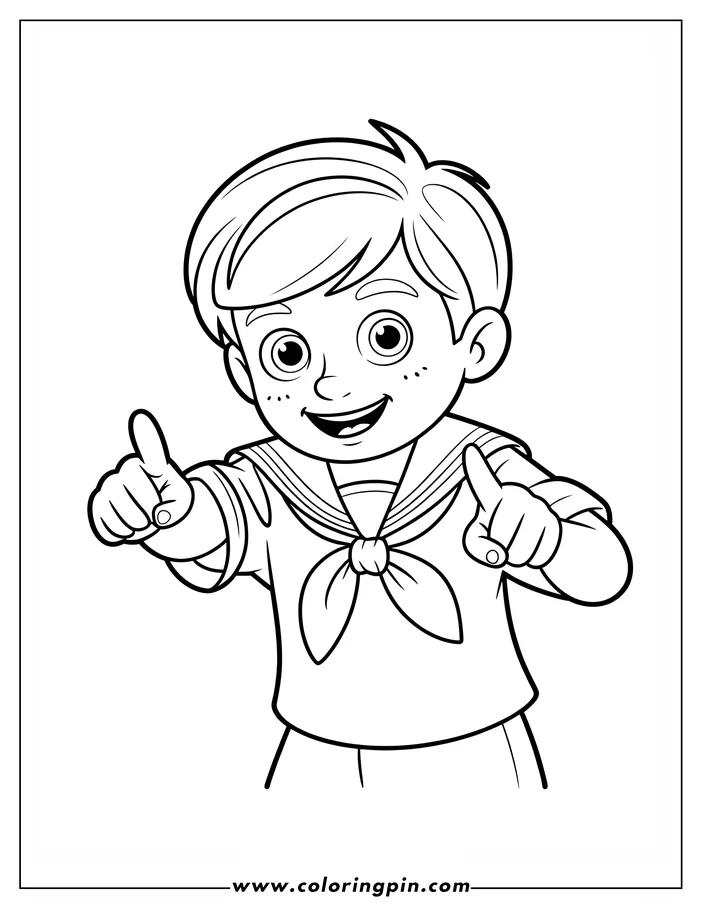 Cartoon boy pointing with both hands. He wears a sailor shirt with a tied neckerchief.