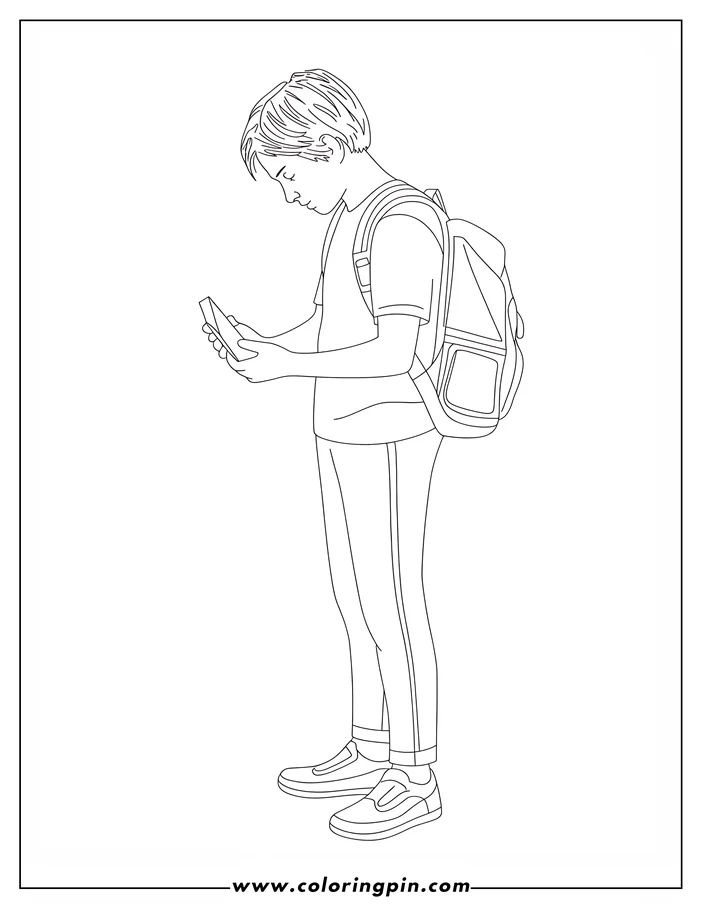 Outline of a boy with a backpack looking at his phone.
