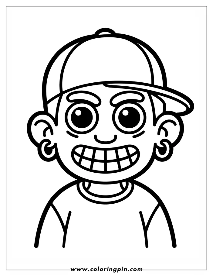 Line art of a cartoon boy wearing a baseball cap and earrings, grinning mischievously