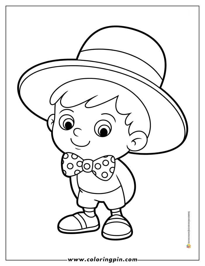 Outline of a young boy wearing a wide-brimmed hat, a polka dot bow tie, shorts, and sandals.