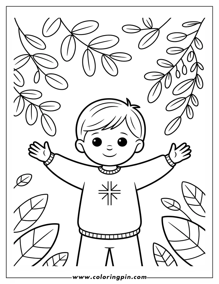Outline of a boy with open arms, wearing a sweater with a snowflake design, surrounded by leaves.