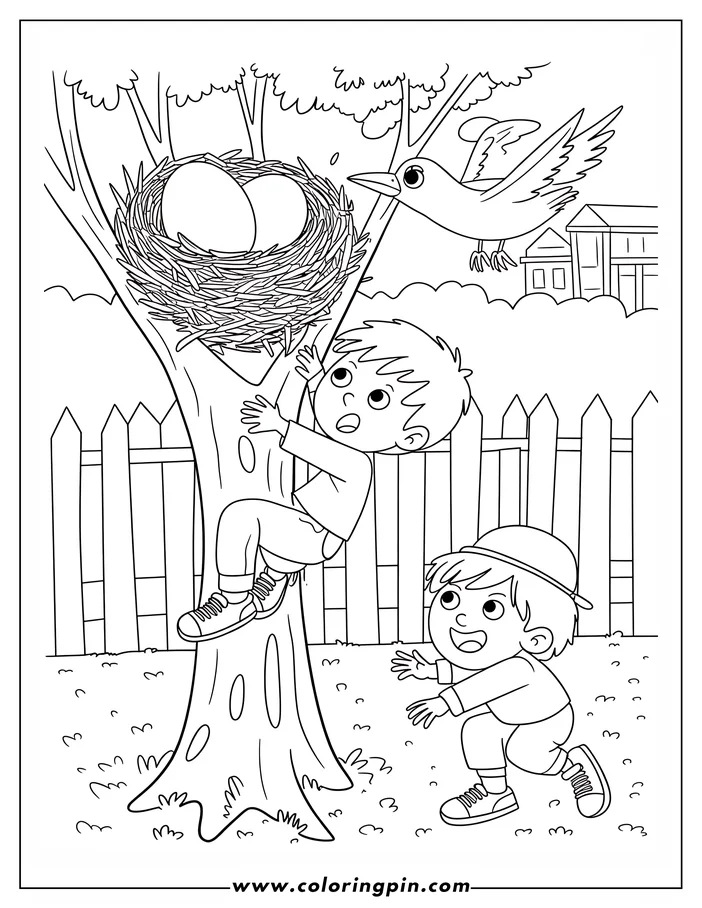 Two boys near a tree with a bird's nest and eggs. One boy climbs the tree, the other watches. A bird flies near the nest.