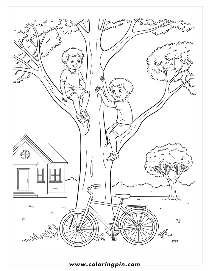 Two boys climbing a tree near a house and bicycle.