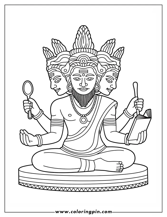 Line art of Brahma, a Hindu god, depicted with four heads and four arms, sitting in a meditative pose on a circular platform.