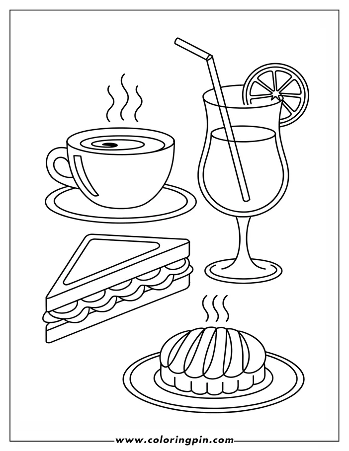 Line art of several breakfast food items including coffee, juice, sandwich, and pastry. Perfect for a morning coloring activity.
