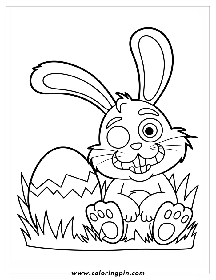 Cartoon bunny sitting with a decorated Easter egg, winking playfully in a grassy patch.