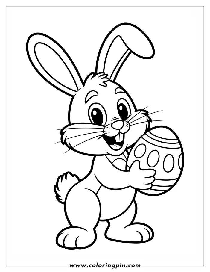 Outline of a cartoon bunny holding a decorated Easter egg