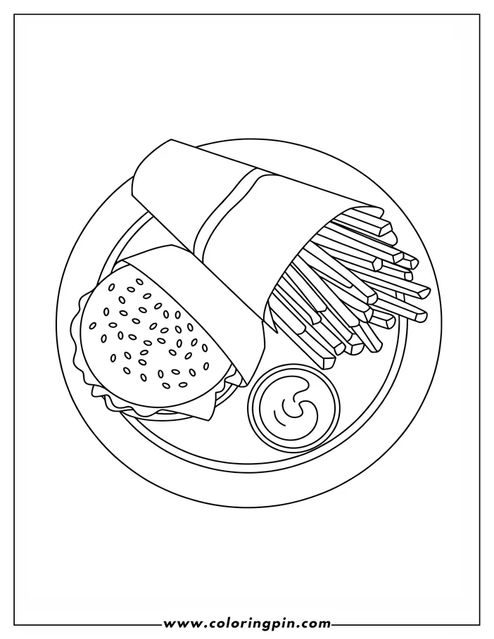 Line art of a burger and fries on a plate with a small cup of dipping sauce. The fries are served in a paper sleeve.