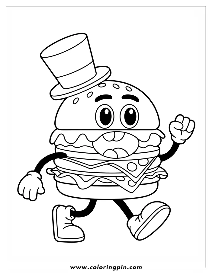 Line art of a cheerful cartoon burger wearing a top hat and walking. The burger is depicted with multiple layers of ingredients, creating a fun and engaging image for coloring.