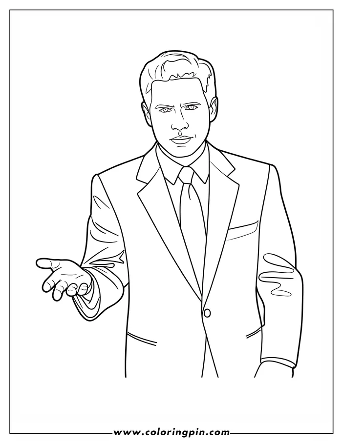 Line art of a businessman in a suit and tie, gesturing with his hand.