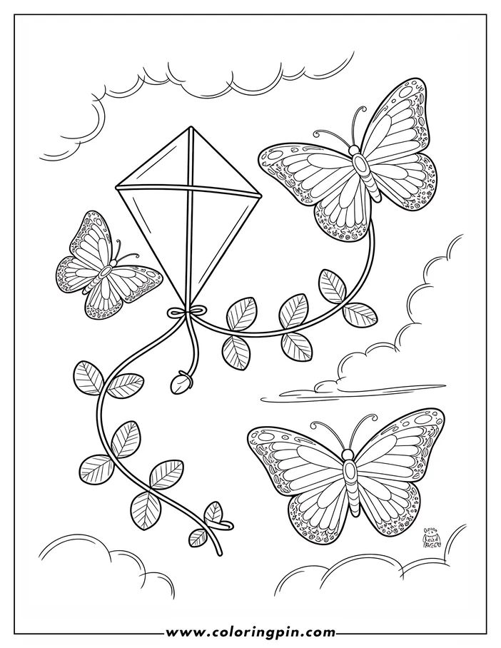 Detailed line art of three butterflies with patterned wings surrounding a kite attached to a vine string, set against a simple cloudy sky background.  A coloring sheet design perfect for adding vibrant colors.
