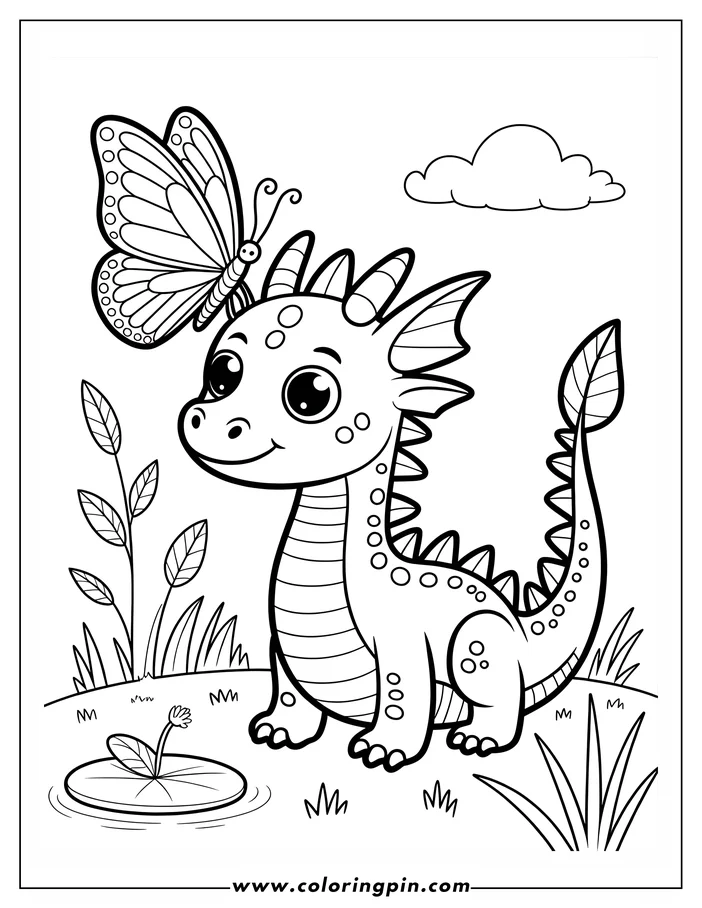 Coloring page featuring a cute cartoon dragon with a butterfly resting on its head. The dragon stands near a pond with a water lily and surrounded by grass and plants. A simple cloud is visible in the sky. This line art is perfect for a fun coloring activity.