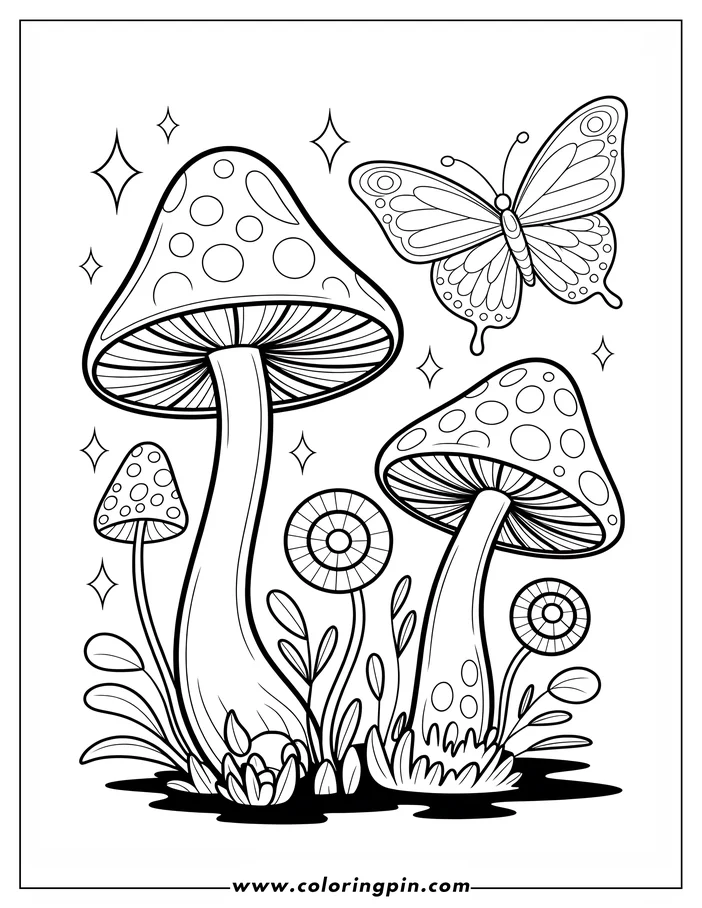 Line art of a butterfly with detailed wings hovering over a cluster of three spotted mushrooms, surrounded by small plants and stars. This is a design for a coloring sheet.