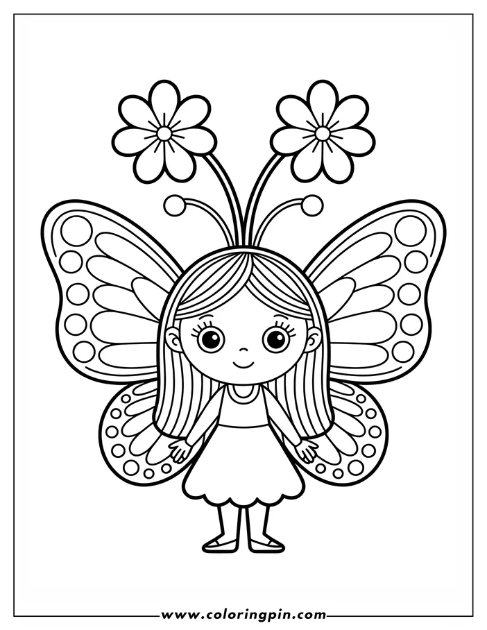 Line art of a girl with large butterfly wings.  Two flowers are attached to her antennae. This is a simple drawing for coloring.