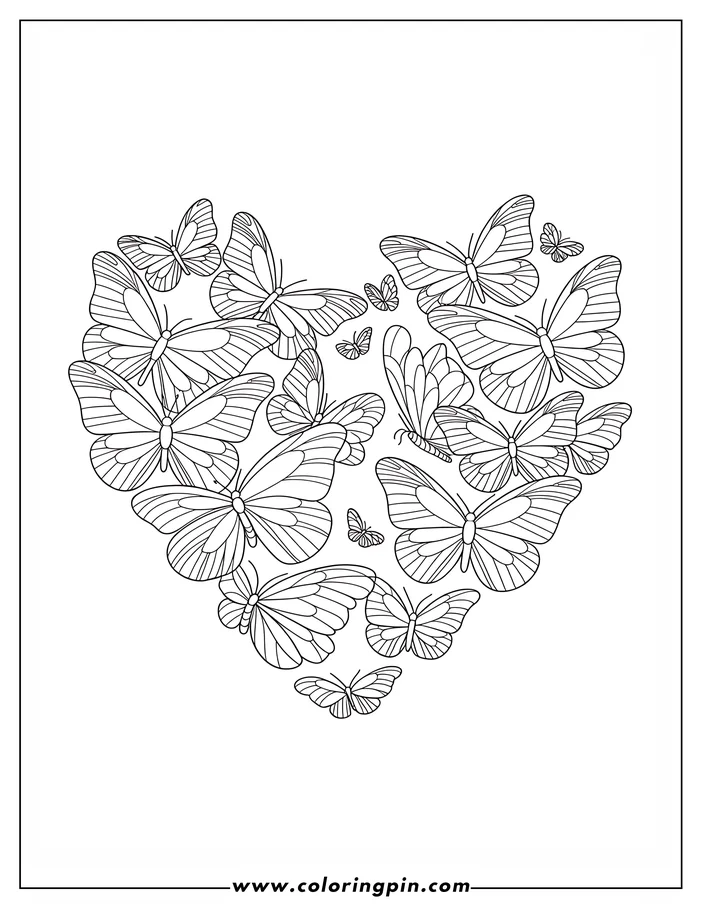 A heart-shaped arrangement of butterflies forming a coloring page design. Multiple butterflies of varying sizes, with detailed wing patterns, fill the heart shape. This line art is ready to be colored.