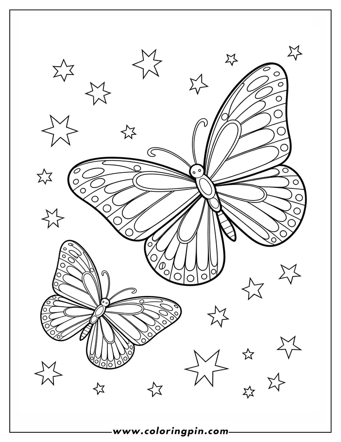 A coloring page design featuring two butterflies with patterned wings, surrounded by stars. This simple line art is perfect for adding color and bringing the scene to life.