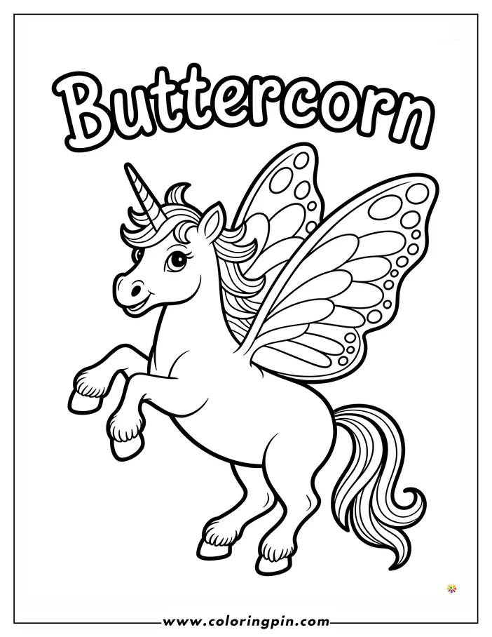 Line art of a butterfly unicorn, a mythical creature with a single horn and large butterfly wings, poised as if about to take flight. This coloring sheet design is ready for kids to add their own creative colors.
