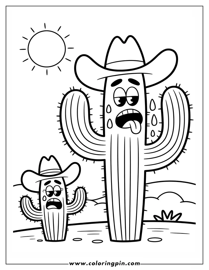 Line art of two anthropomorphic cacti in a desert setting.  The larger cactus appears overheated, while the smaller cactus looks concerned.