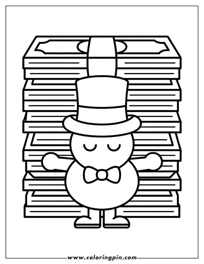 Outline of a cartoon character with a top hat and bow tie standing before a tall stack of money.