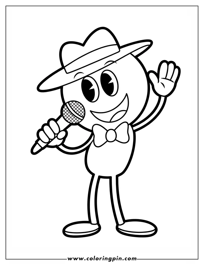 Outline of a cartoon character singing into a microphone, wearing a hat and bow tie, and waving.