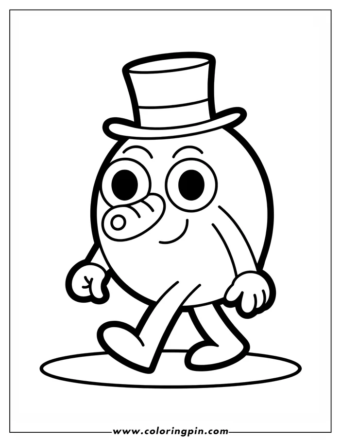 Outline of a cartoon character wearing a top hat and walking.