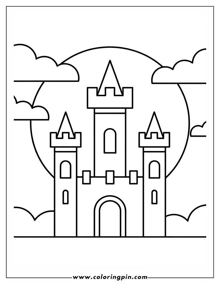 Line art of a castle with three towers and an arched entryway.