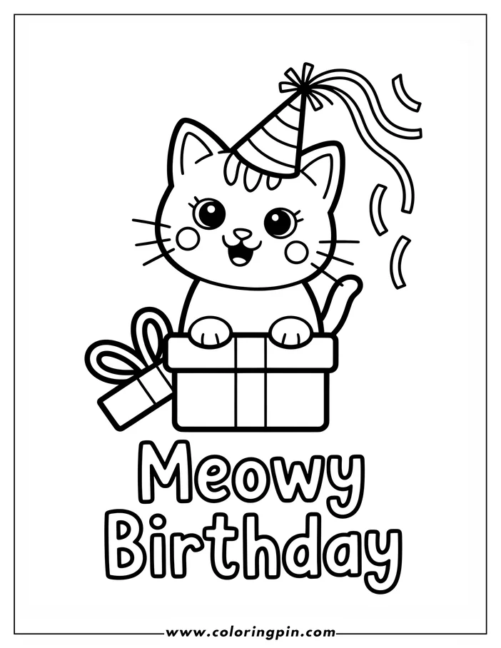 Line art of a cheerful cat wearing a party hat and sitting inside a gift box. A present hangs off the side, and the words "Meowy Birthday" are written below. This is a simple drawing designed as a coloring sheet.
