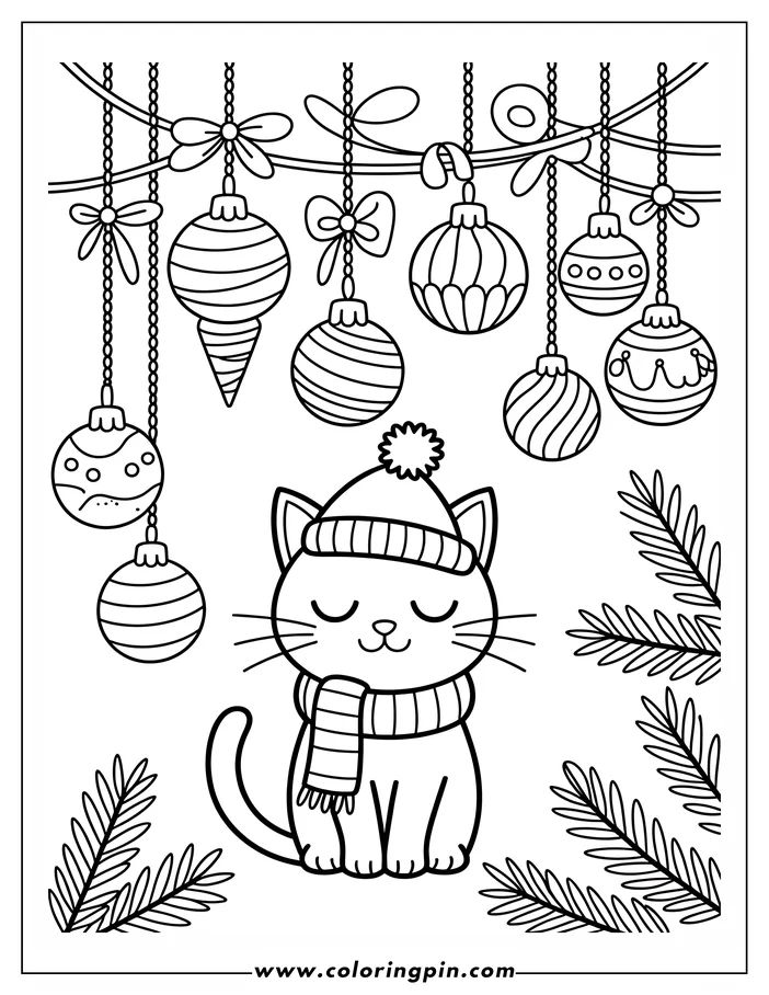 Line art of a cat wearing a winter hat and scarf, sitting peacefully beneath a string of hanging Christmas ornaments. The cat's eyes are closed, and pine branches frame the scene. This is a coloring sheet design.